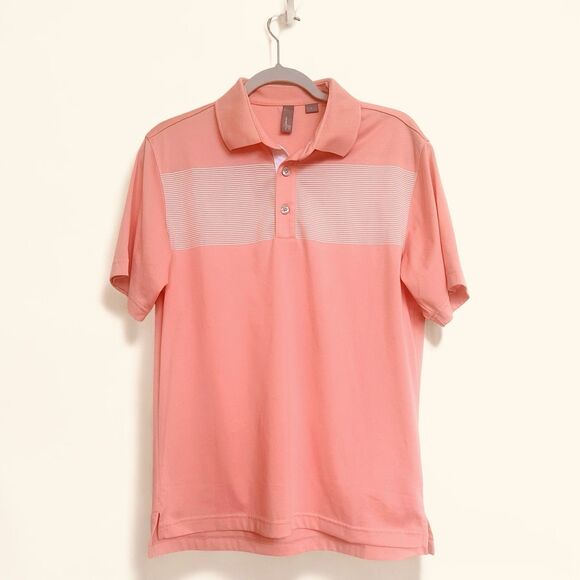Ashworth Shirt Mens Preppy L Polo Golf Salmon Pink Stripes Comfort Cool Tech - Picture 1 of 10